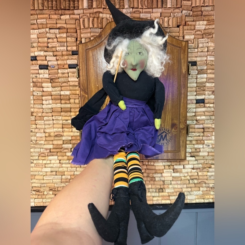 Vintage homemade Halloween fabric witch sitting doll decor